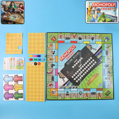 Monopoly Cricket Edition Board Game box with cricket-themed game pieces laid out