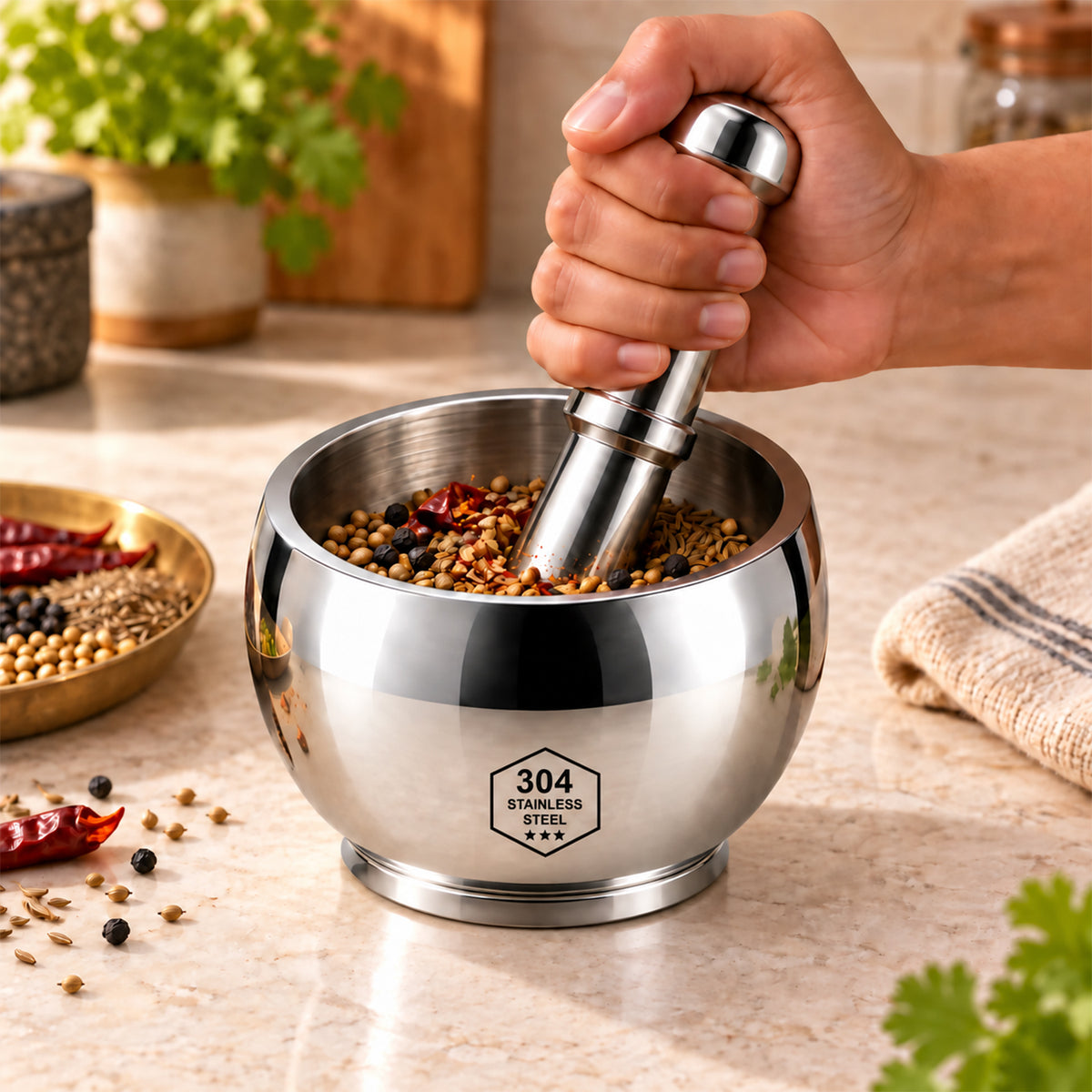 Stainless Steel Heavy Duty SS 304  Khalbatta Mortar & Pestle for Kitchen Grinding