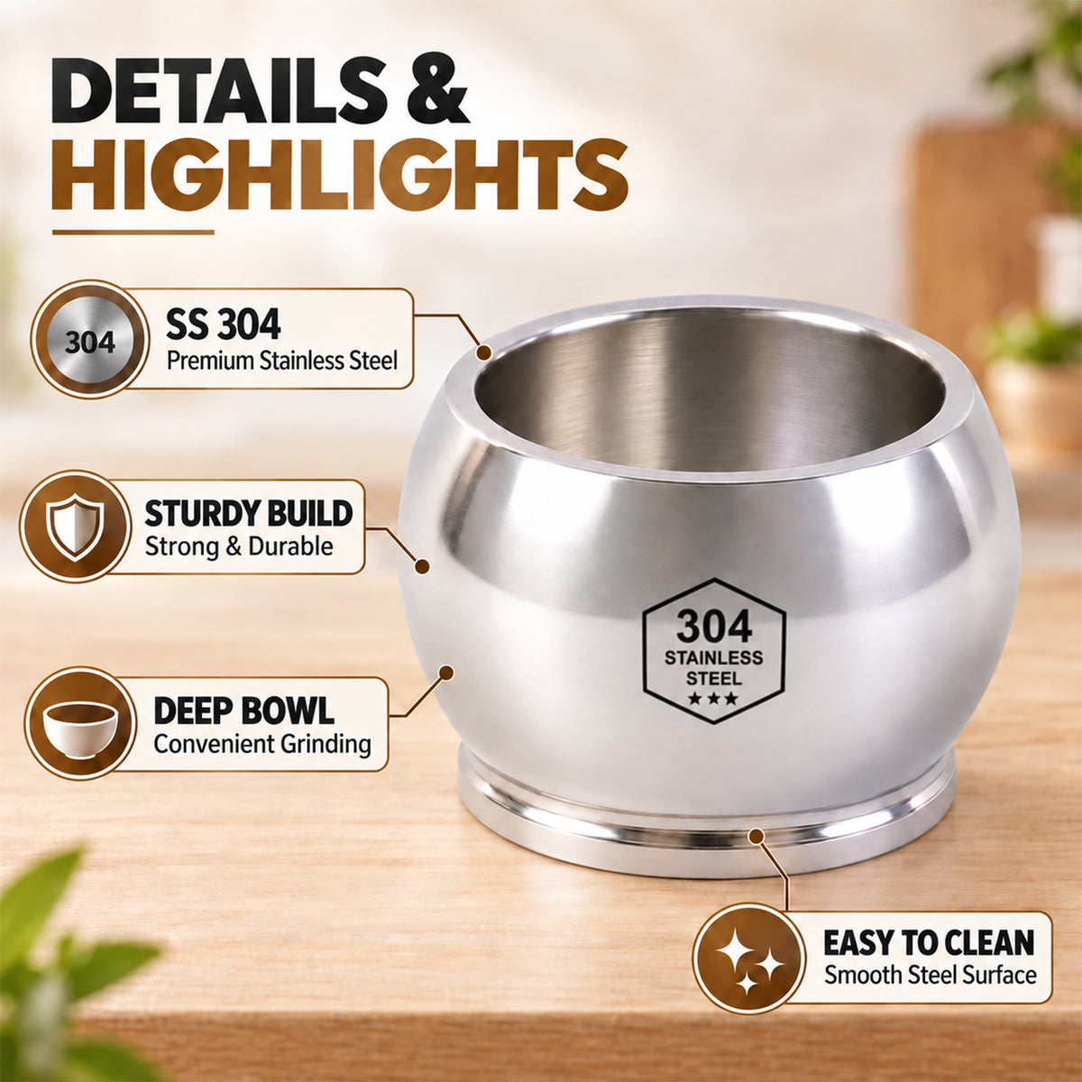 Stainless Steel Heavy Duty SS 304  Khalbatta Mortar & Pestle for Kitchen Grinding