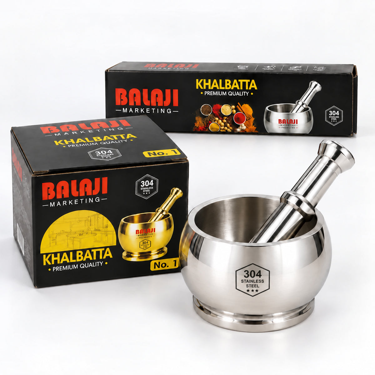 Stainless Steel Heavy Duty SS 304  Khalbatta Mortar & Pestle for Kitchen Grinding