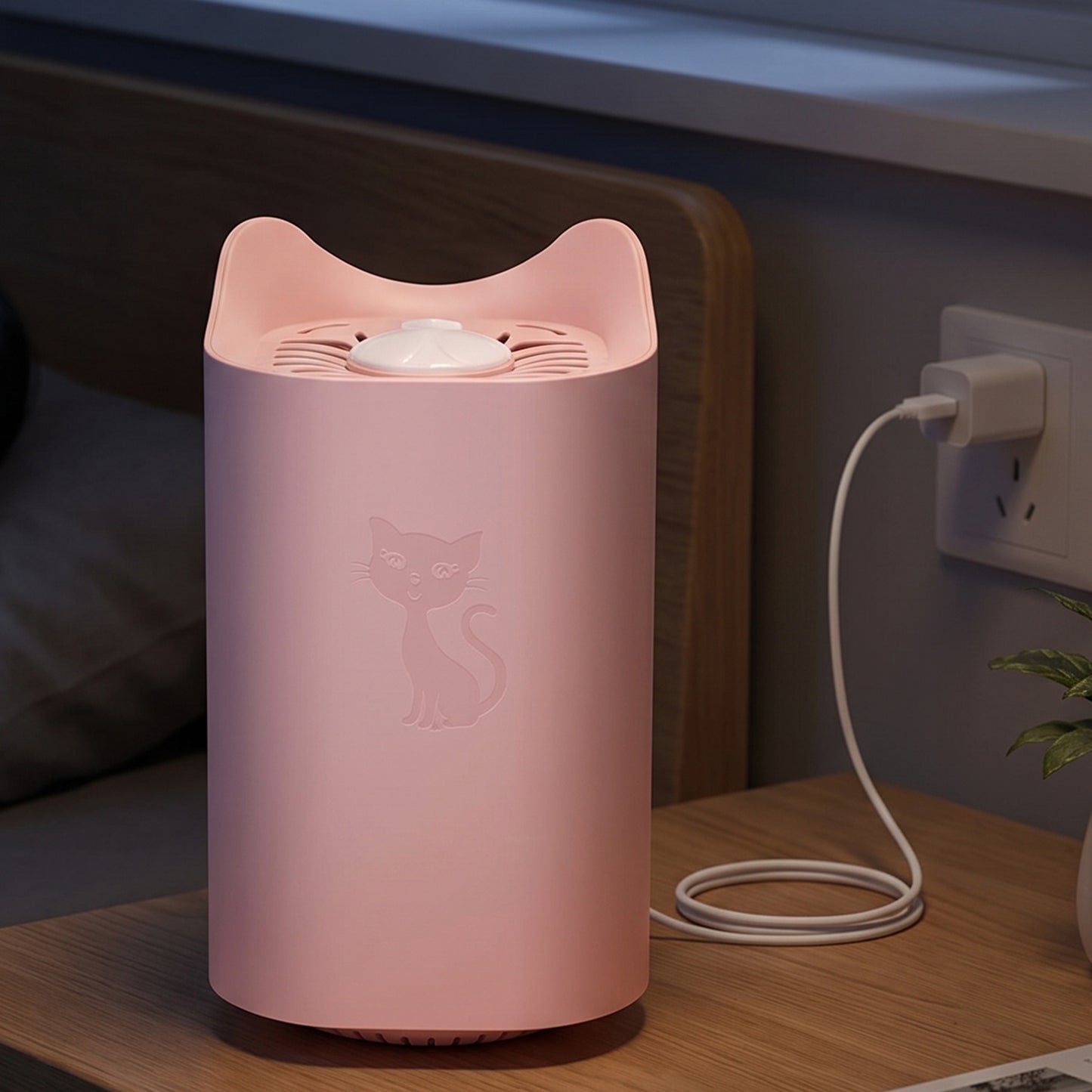 A pink cat-shaped mosquito killer lamp with an embossed cat design is plugged into a wall outlet on a wooden nightstand next
