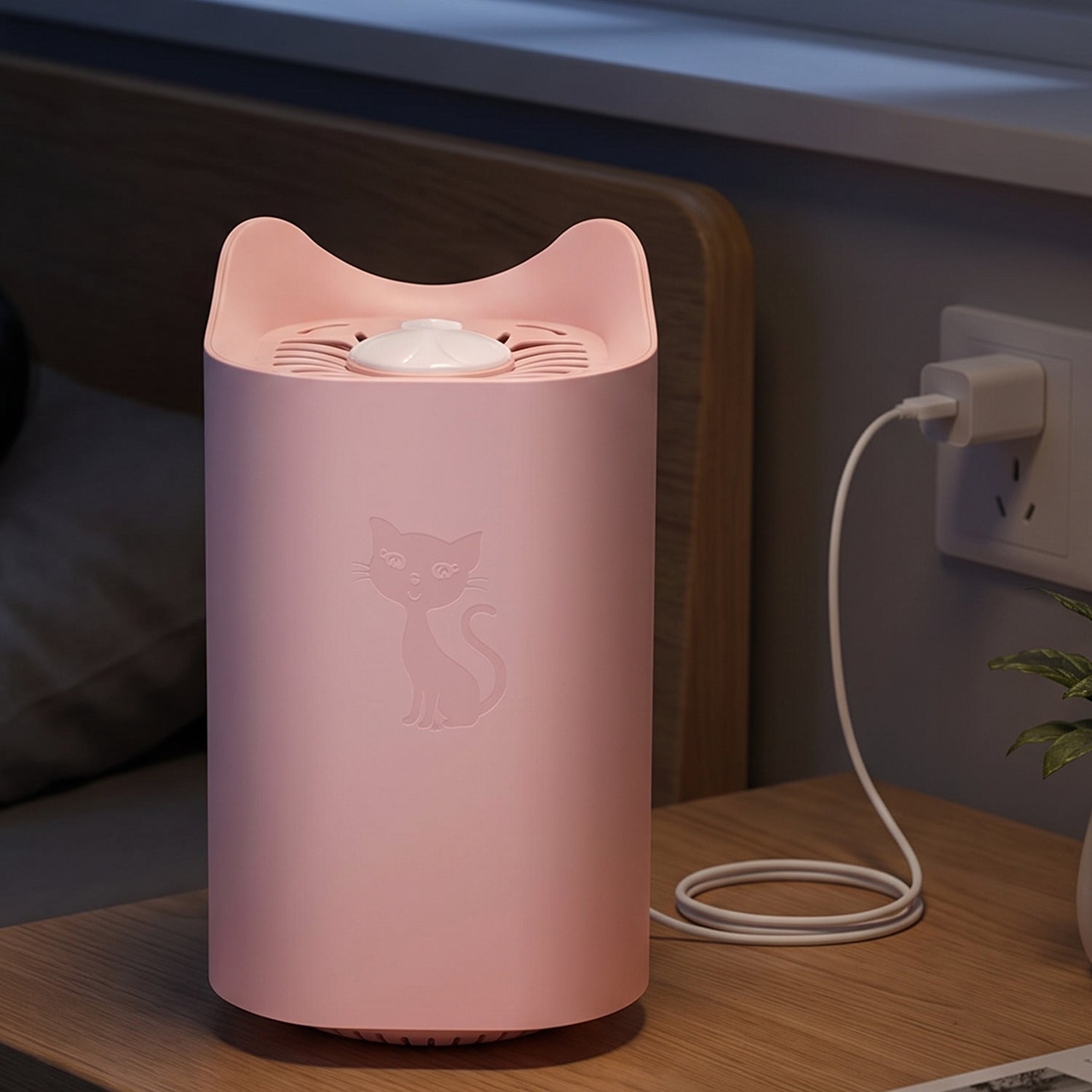 A pink cat-shaped mosquito killer lamp with an embossed cat design is plugged into a wall outlet on a wooden nightstand next