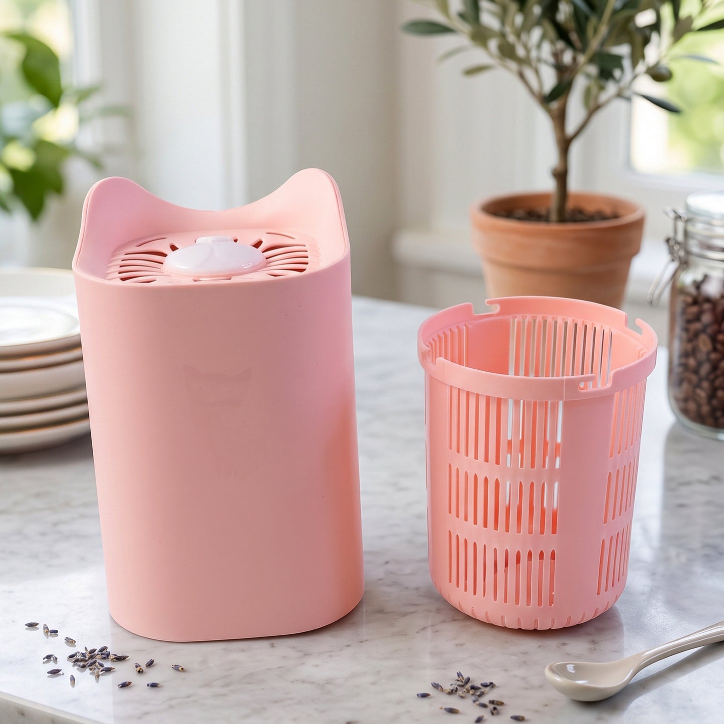 A pink cat-shaped mosquito killer lamp and its empty collection basket sit on a marble counter with scattered lavender and a