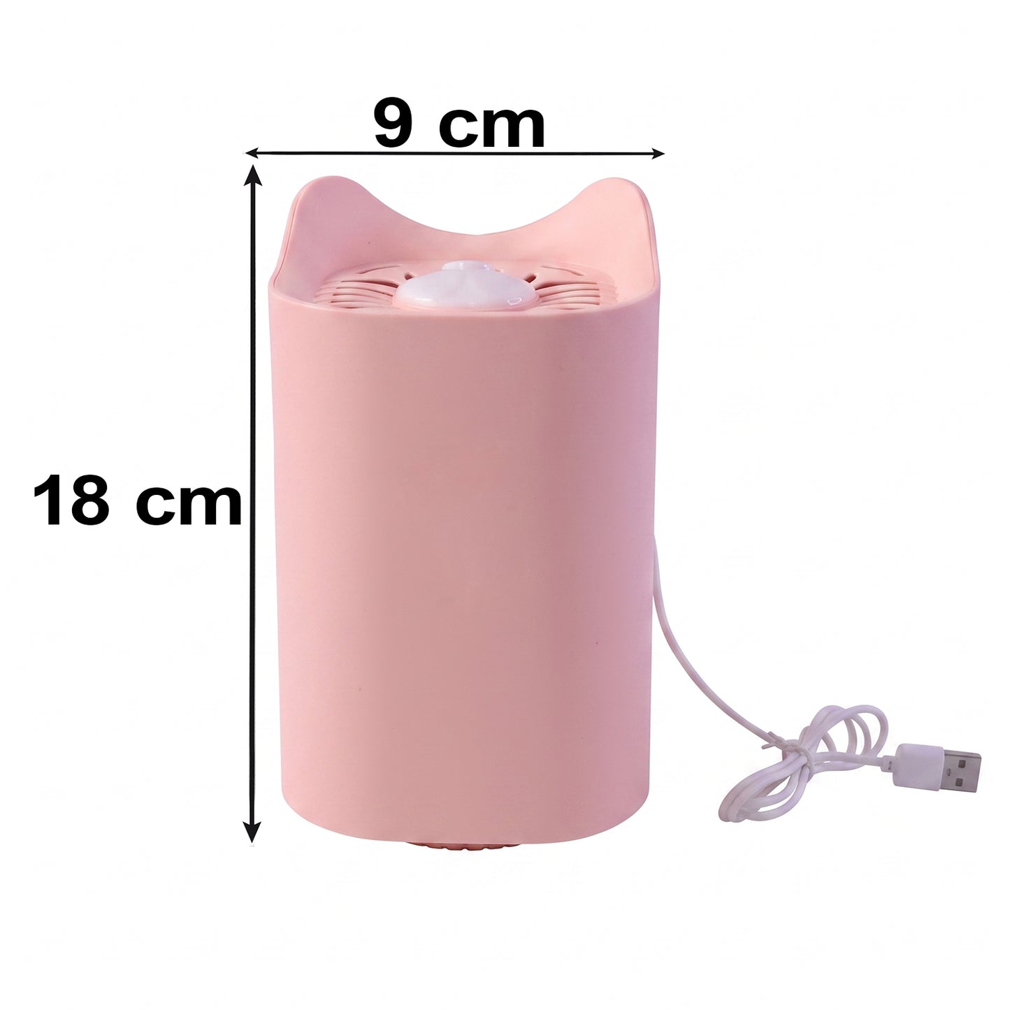 A pink cat-shaped mosquito killer lamp with a white USB cable is shown with its dimensions, 18 cm tall and 9 cm wide,