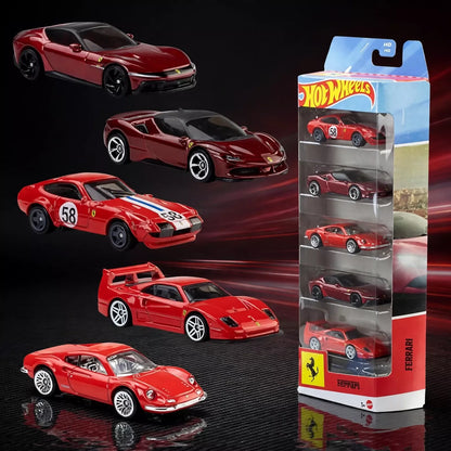 Five red Hot Wheels Ferrari cars individually displayed on the left, with the same 5-car set in its packaging on the right,