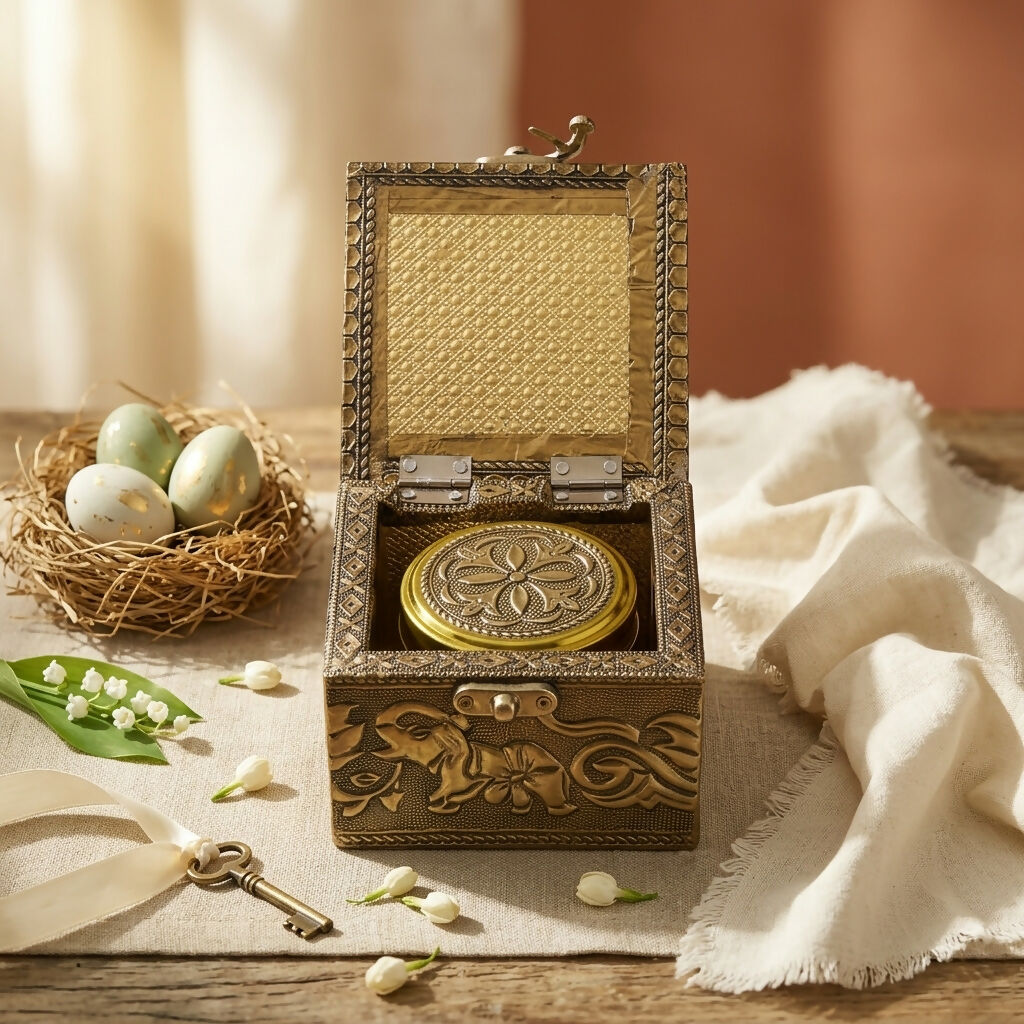 Close-up of elephant and floral embossing on brass box