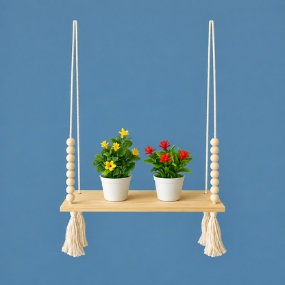 Wooden hanging shelf with two potted plants, beads, and tassels against a blue background.