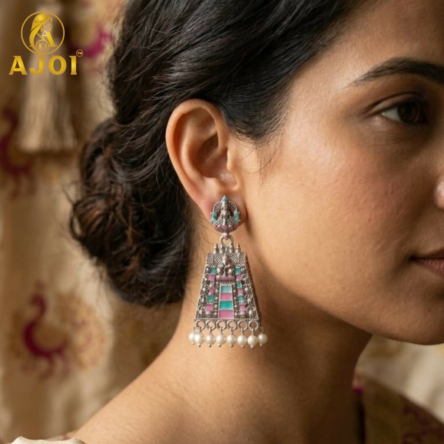 Silver Temple Style Pearl Drop Earrings with Pink Green Enamel Work for Women