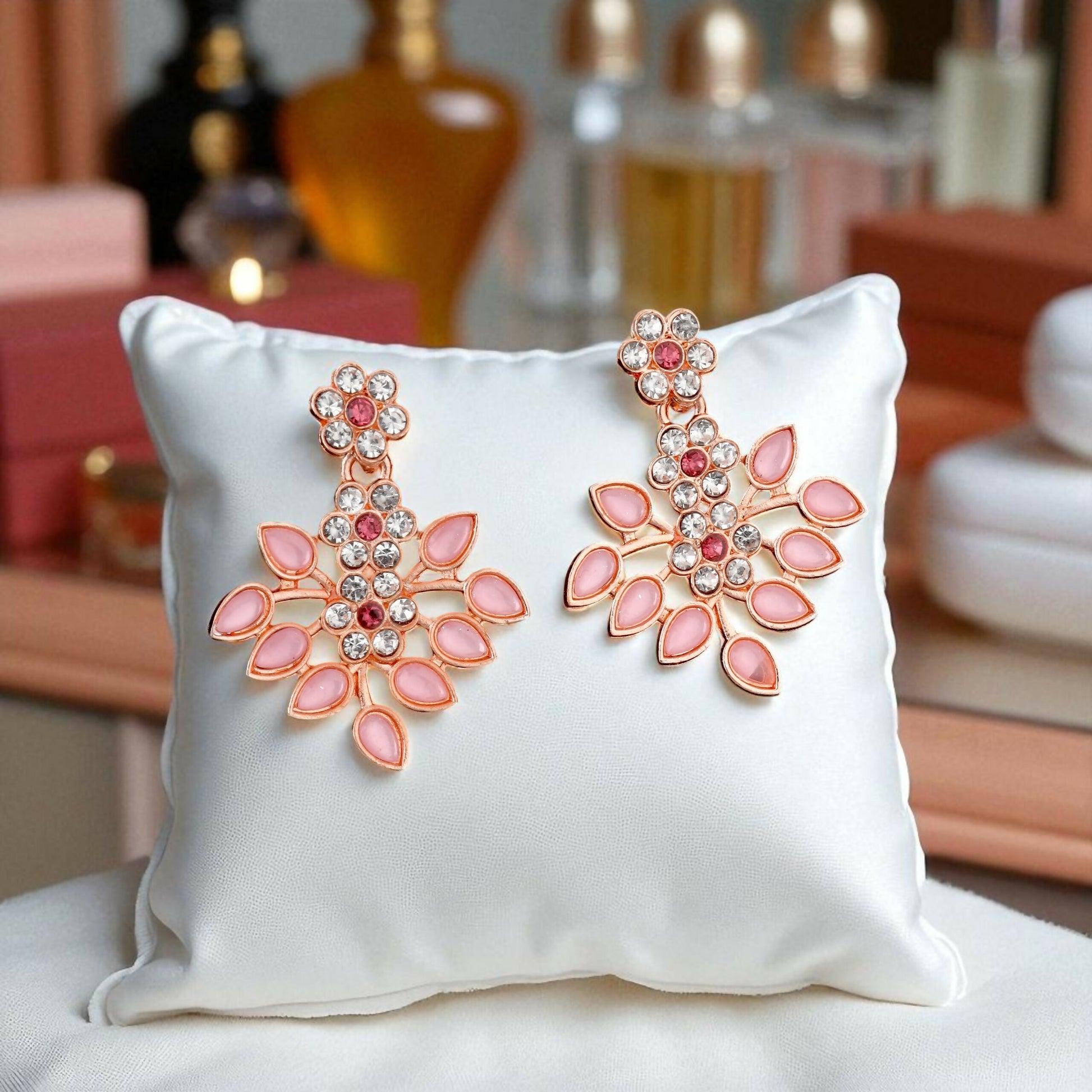 Romantic Rose Gold-Toned Pink Enamel Floral Set
