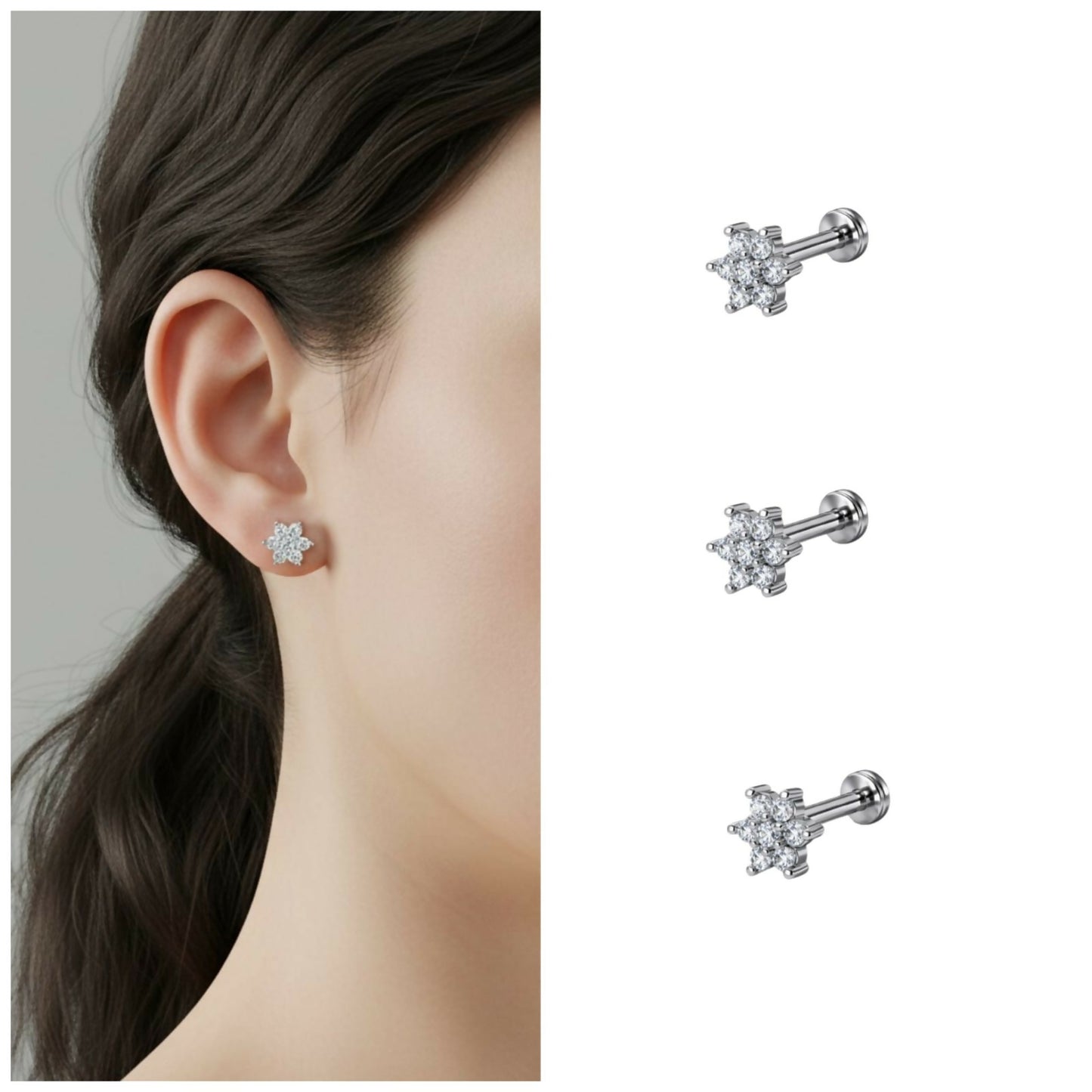 Silver plated crystal flower labret earrings combo pack showcasing sparkling floral studs with flat-back design