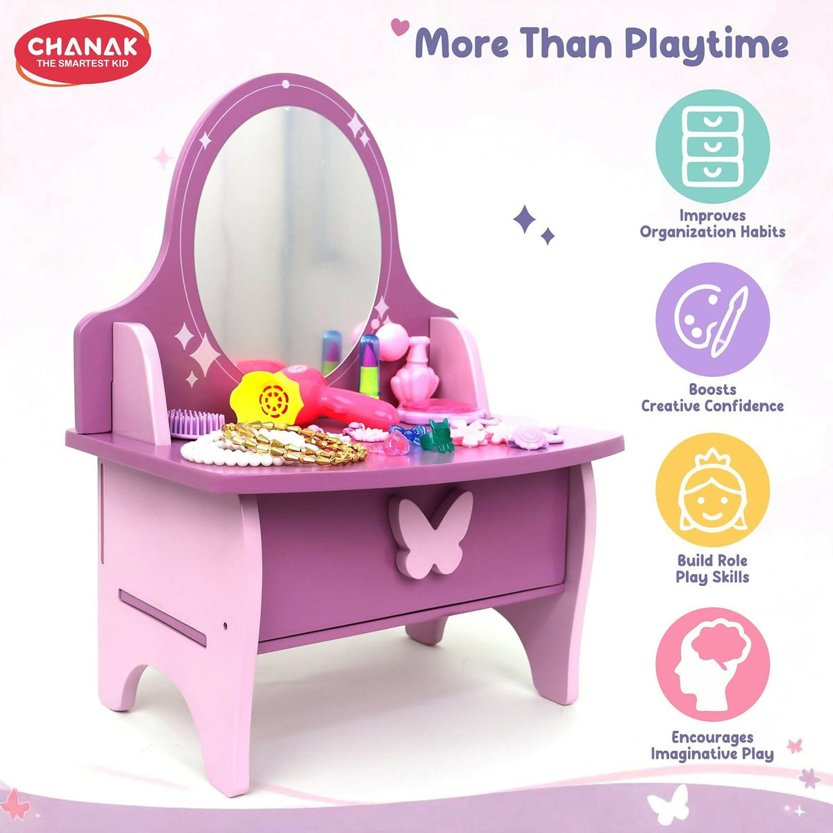 A purple and pink wooden vanity with accessories on top, alongside text promoting benefits like organization and imaginative