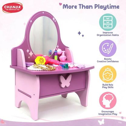 A purple and pink wooden vanity with accessories on top, alongside text promoting benefits like organization and imaginative