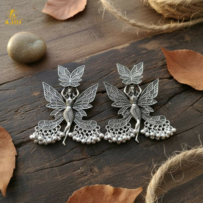 Enchanted Fairy Wing Oxidized Silver Earrings front view