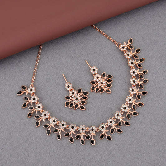 Chic Rose Gold-Toned Floral & Black Leaf Necklace Set