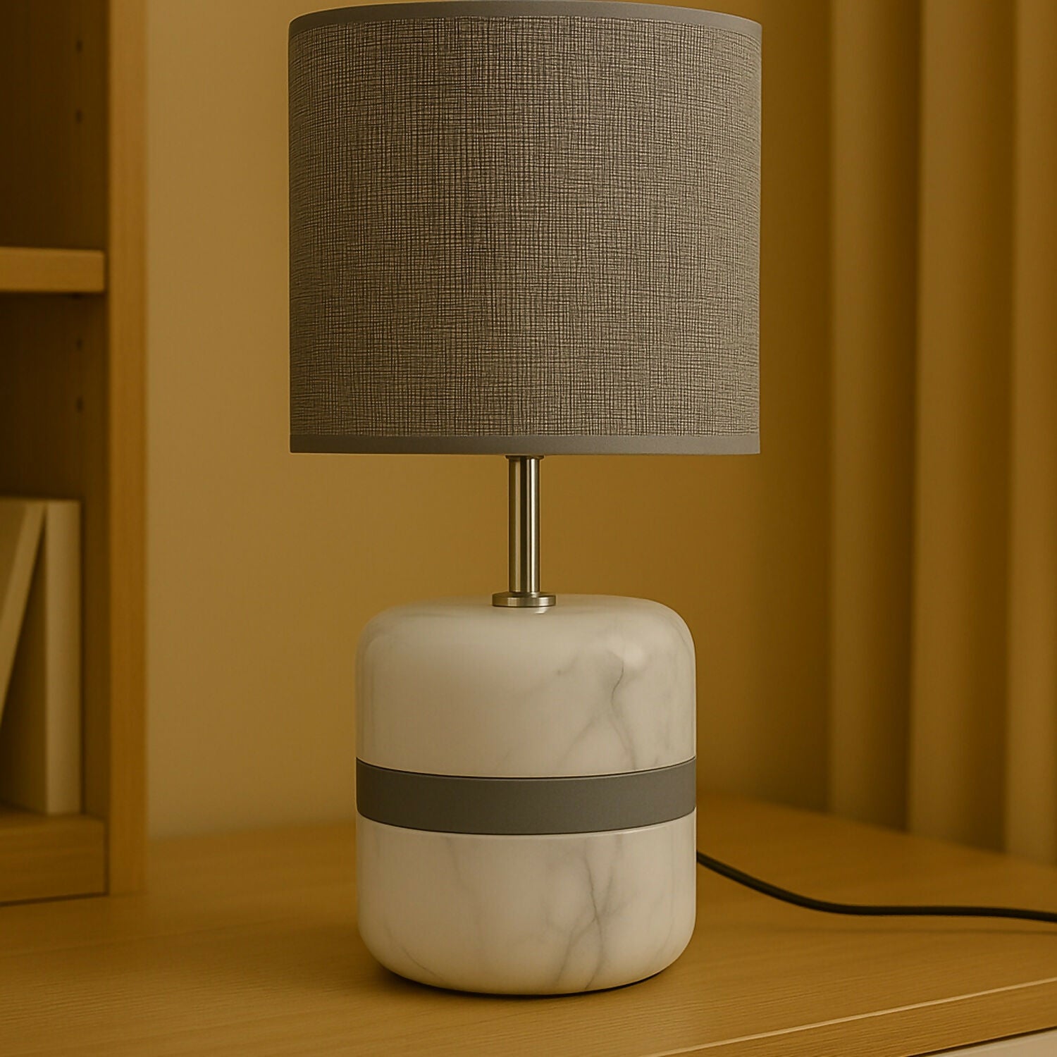 Luxury Marble Base Table Lamp with Warm Fabric Shade | Modern Decorative Bedside & Living Room Night Lamp | Grey Accent Designer Lamp