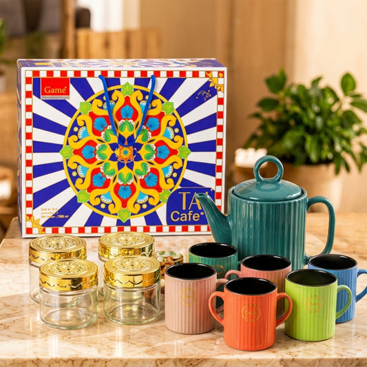 Ceramic tea gift set with 6 mugs teapot 4 glass.