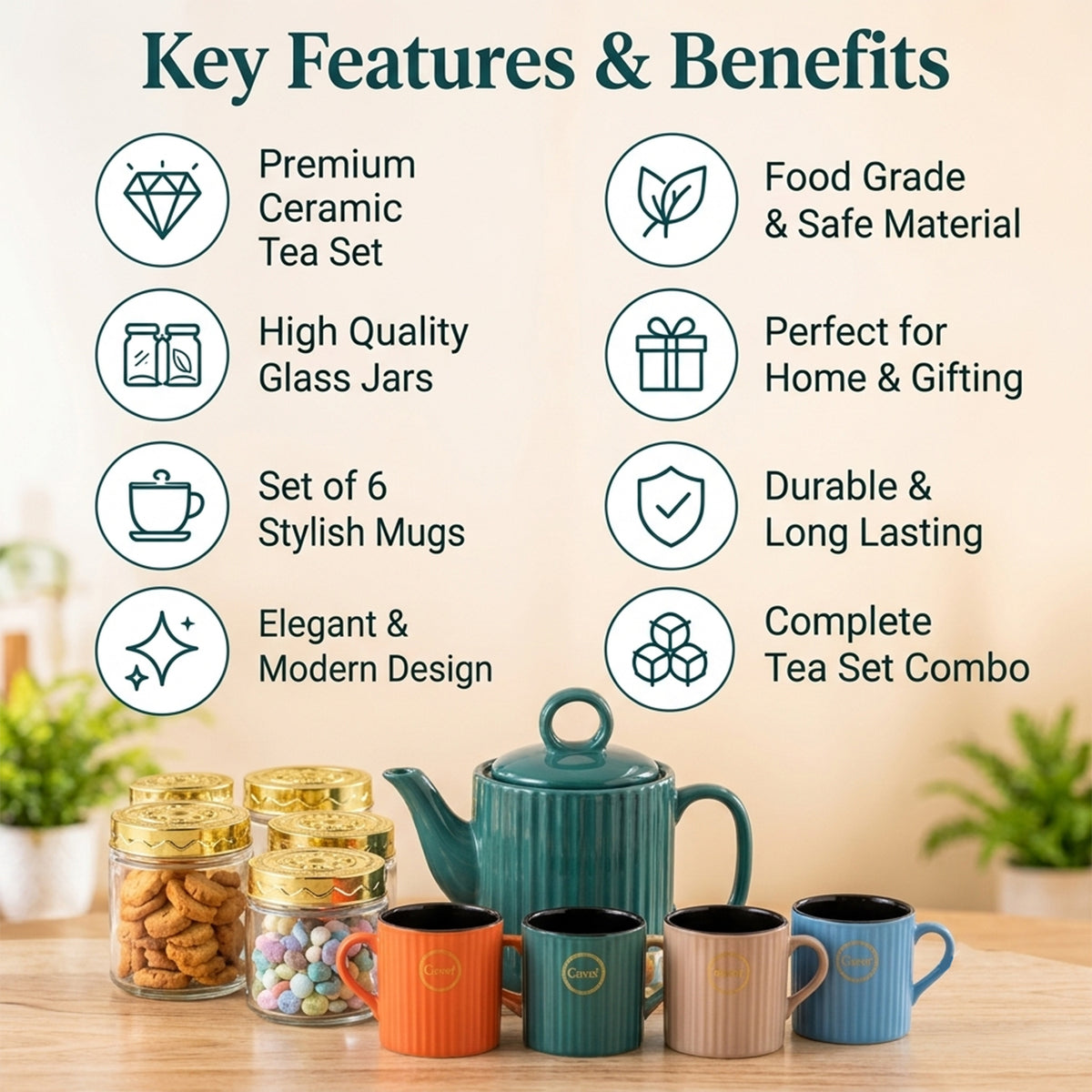 Ceramic Tea Gift Set with 6 Mugs, Teapot & 4 Glass Storage Jars (11 in 1)