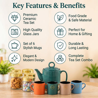 Ceramic Tea Gift Set with 6 Mugs, Teapot & 4 Glass Storage Jars (11 in 1)