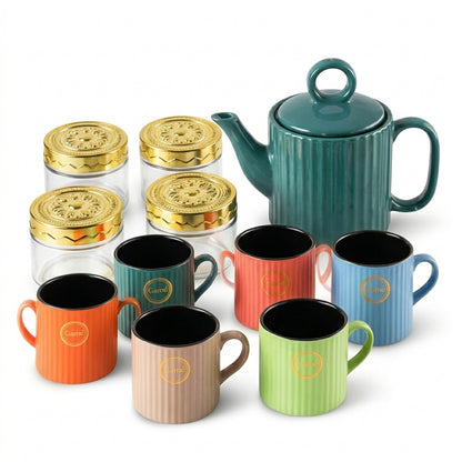 Ceramic Tea Gift Set with 6 Mugs, Teapot & 4 Glass Storage Jars (11 in 1)