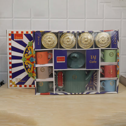 Ceramic Tea Gift Set with 6 Mugs, Teapot & 4 Glass Storage Jars (11 in 1)