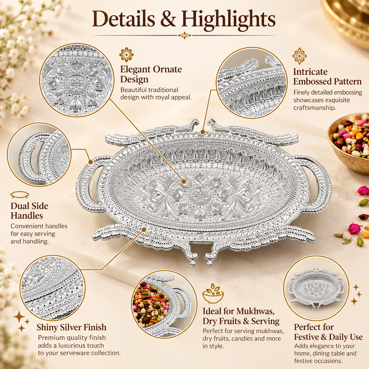 Infographic displaying the features of a silver-colored ornate serving tray with close-up details.