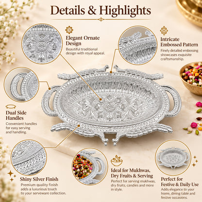 Infographic displaying the features of a silver-colored ornate serving tray with close-up details.