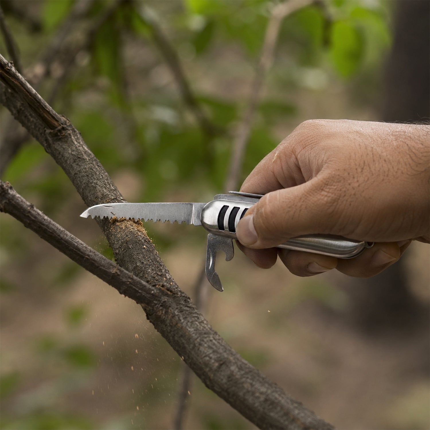 The silver multi-tool lies on a light linen placemat with its knife, bottle opener, corkscrew, and awl extended.