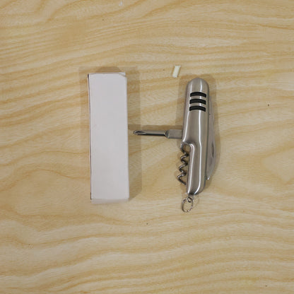The silver multi-tool, with three black stripes on its handle, is shown with its knife, bottle opener, corkscrew, and awl