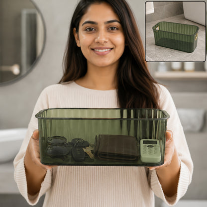 Plastic Storage Basket Transparent Ribbed Organizer with Handles (1 Pc)