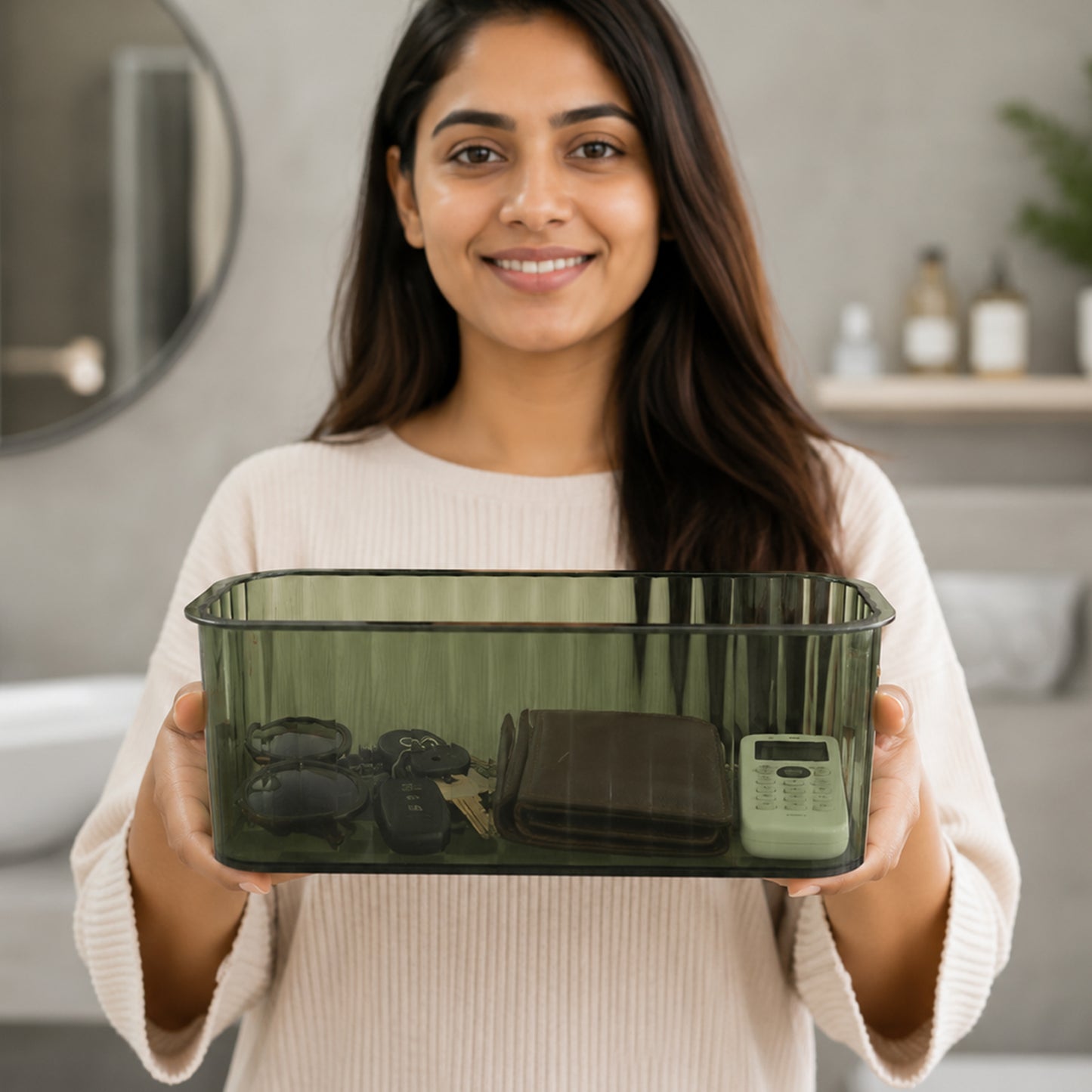 Plastic Storage Basket Transparent Ribbed Organizer with Handles (1 Pc)