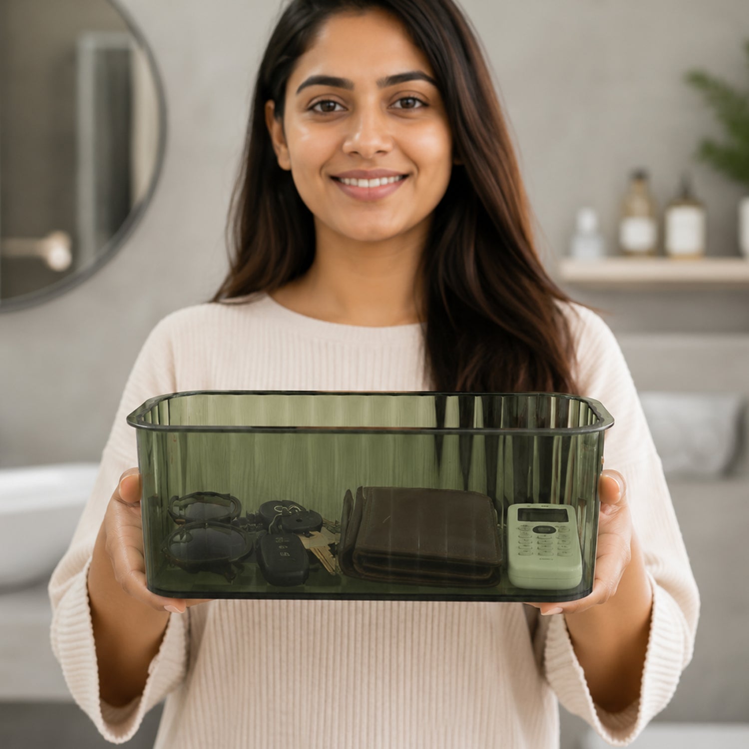 Plastic Storage Basket Transparent Ribbed Organizer with Handles (1 Pc)