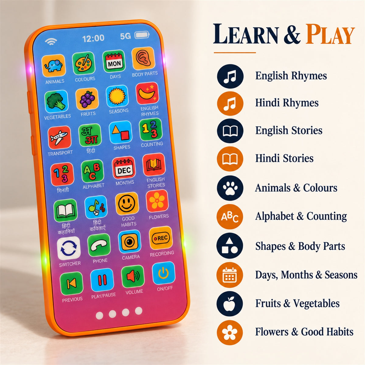 Kids Learning Mobile Phone Toy with Music Lights and Hindi English Audio (1 Pc)