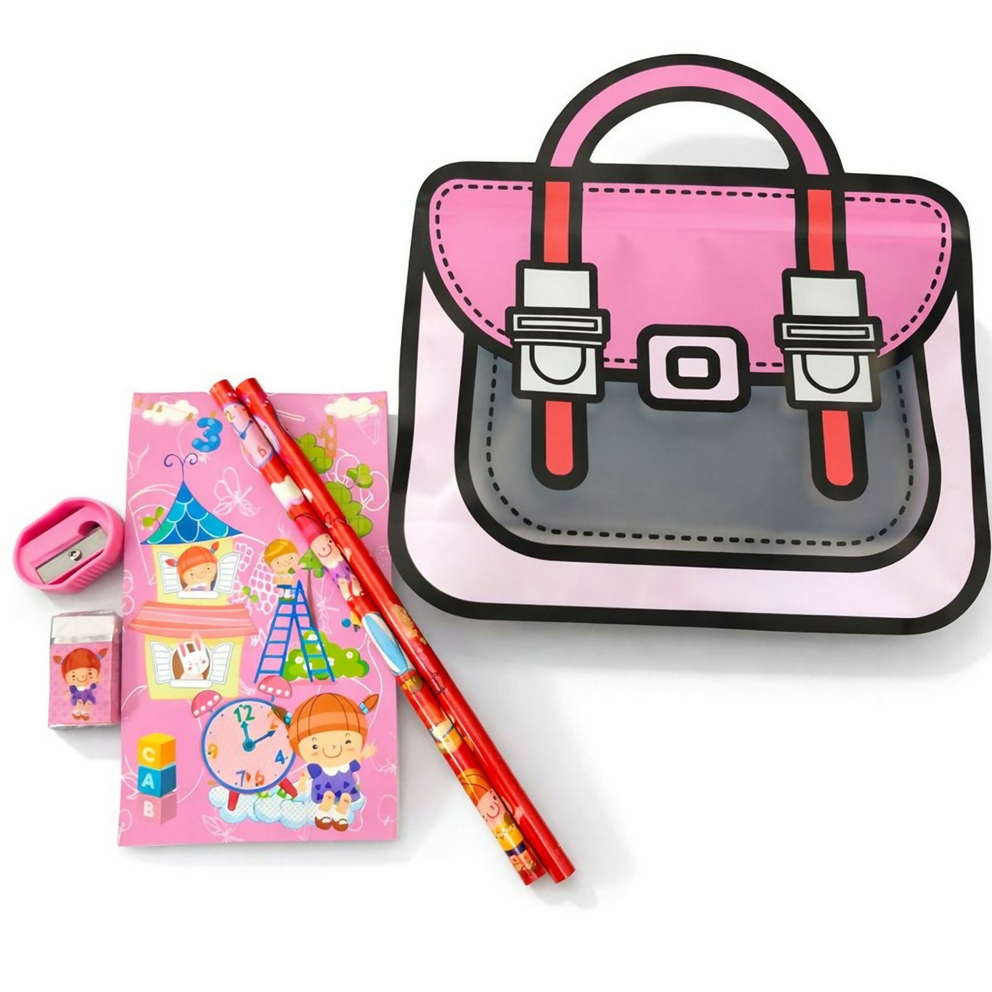 Girls Cartoon Stationery Set with Notebook, Pencils, Eraser & Pouch