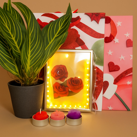 Romantic Home Decor & Gifting Combo Set – Artificial Bonsai Plant, 4 Rose Candles, 2 Designer Gift Bags & 1 LED Rose Photo Frame | Perfect Gift for Birthday, Anniversary, Valentine’s Day & Home Decoration