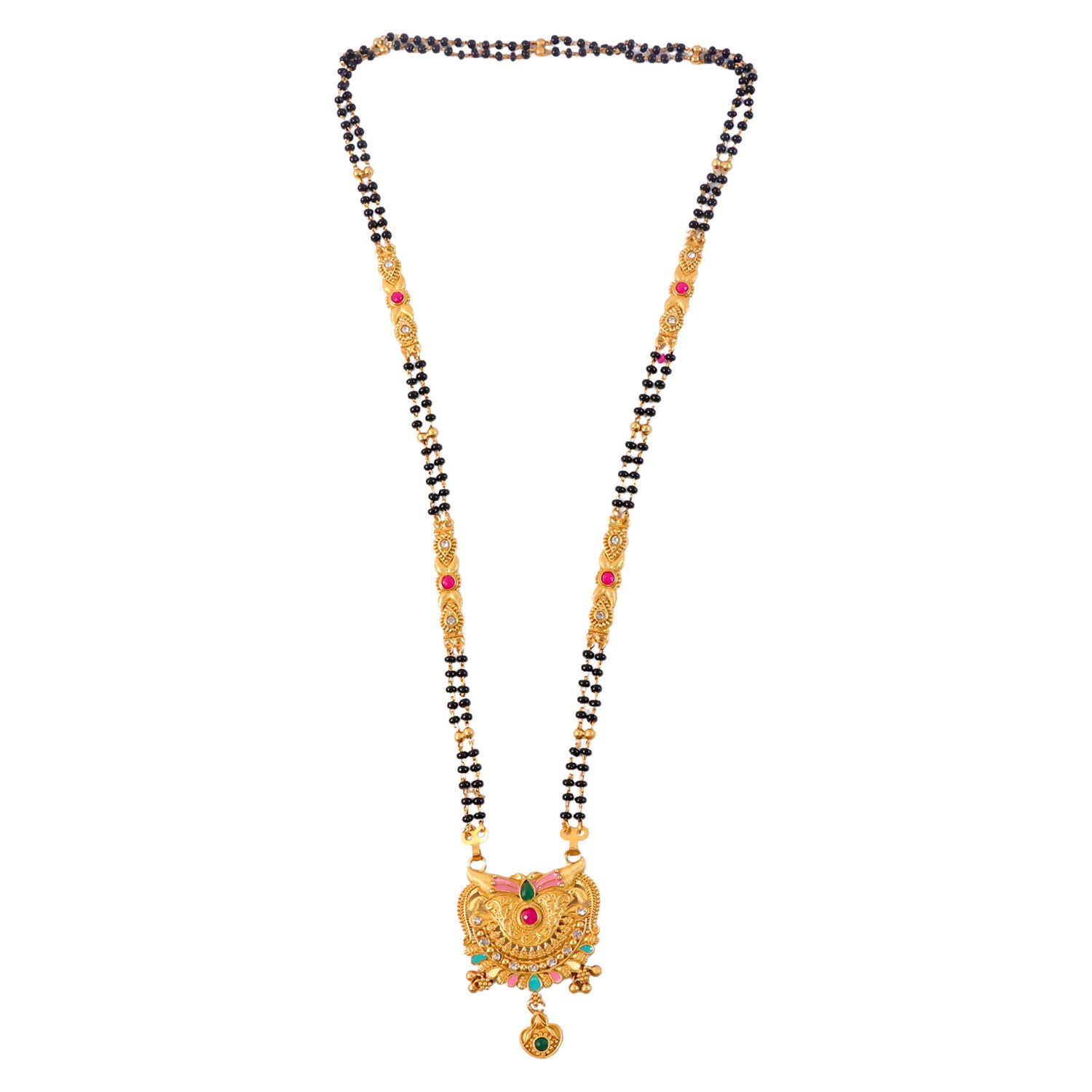 Crescent Wing Filigree Pendant with Pink Enamel Wings & Heart Locket Long Double Strand Mangalsutra
