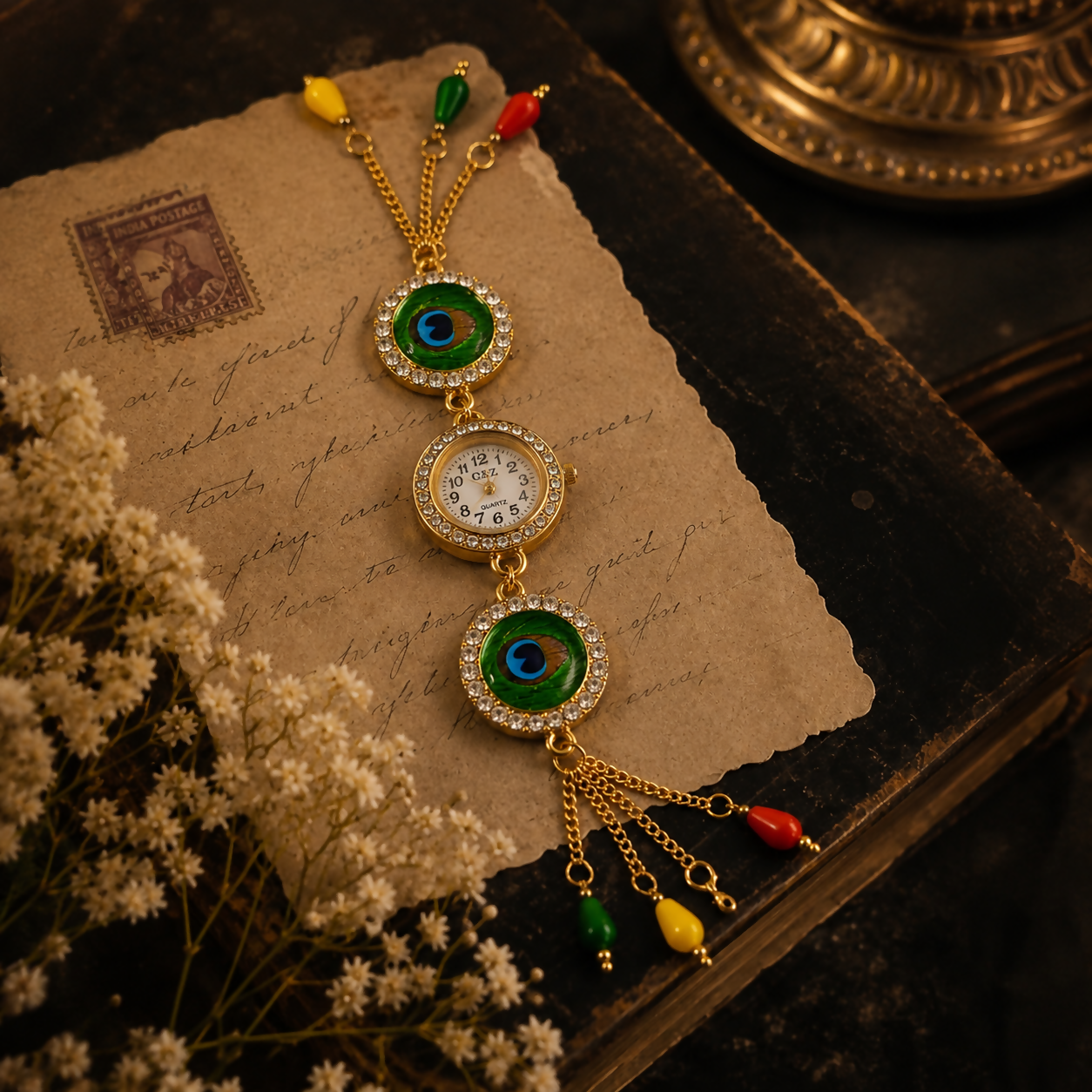 A gold-tone bracelet watch with peacock eye designs and a central watch face, accented with colorful beads, lies on an