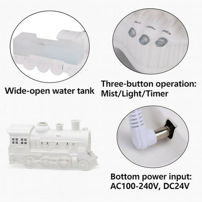 White Train Aroma Diffuser with Double Mist, LED Flames & Timer Modes
