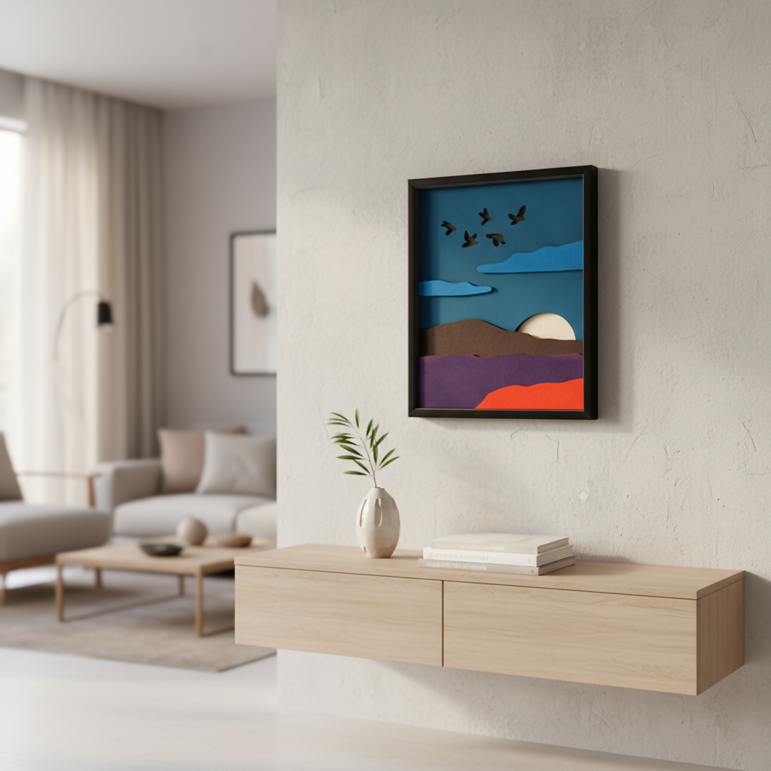 Handcrafted Wooden Mountain Wall Art – Nature Scene with Sun, Clouds & Birds | Minimal Landscape Wooden Frame | Eco-Friendly Wall Decor for Home & Office