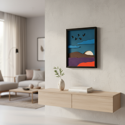 Handcrafted Wooden Mountain Wall Art – Nature Scene with Sun, Clouds & Birds | Minimal Landscape Wooden Frame | Eco-Friendly Wall Decor for Home & Office