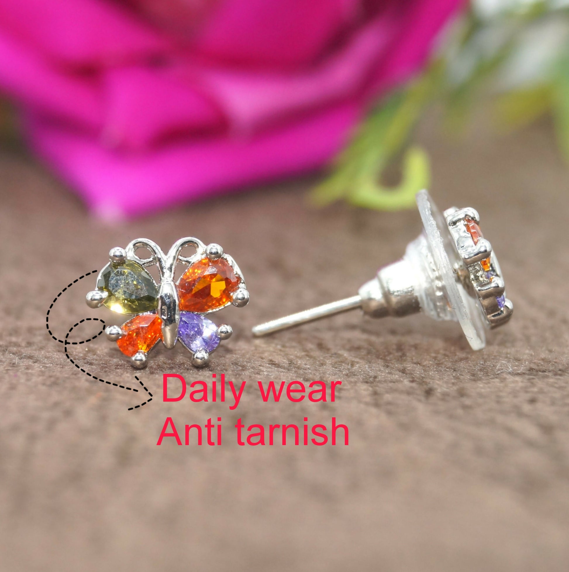 Pair of silver-plated butterfly zircon stud earrings with colorful stones perfect for women and girls