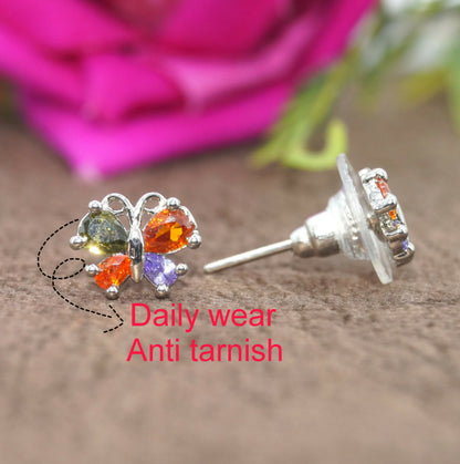 Pair of silver-plated butterfly zircon stud earrings with colorful stones perfect for women and girls