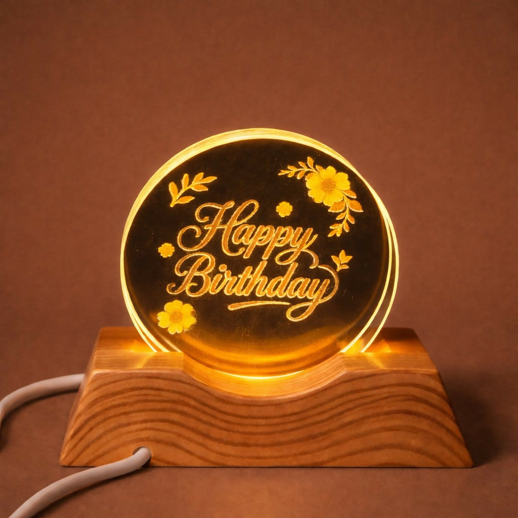 Happy Birthday Acrylic LED Lamp with Wooden Base Floral Decorative Gift