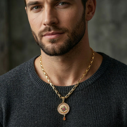 Gold Pendant Necklace with Colorful Mandala & Stone Border