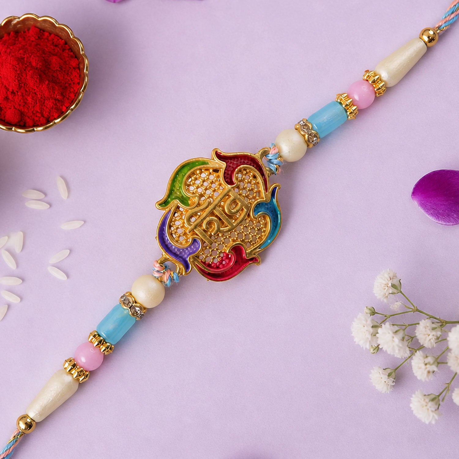 Meenakari Shiv Pendant Rakhi with Multicolor Beads