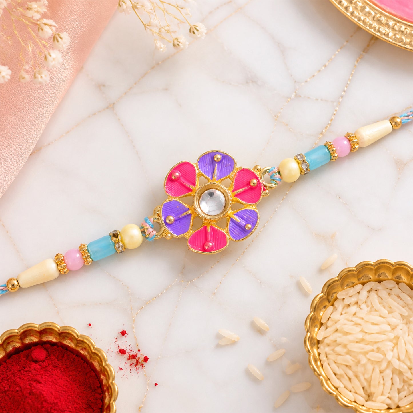 Purple and Pink Flower Kundan Pendant Rakhi with Pastel Beads