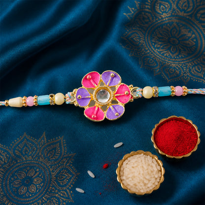 Purple and Pink Flower Kundan Pendant Rakhi with Pastel Beads