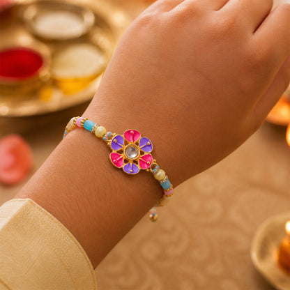 Purple and Pink Flower Kundan Pendant Rakhi with Pastel Beads