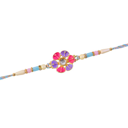 Purple and Pink Flower Kundan Pendant Rakhi with Pastel Beads