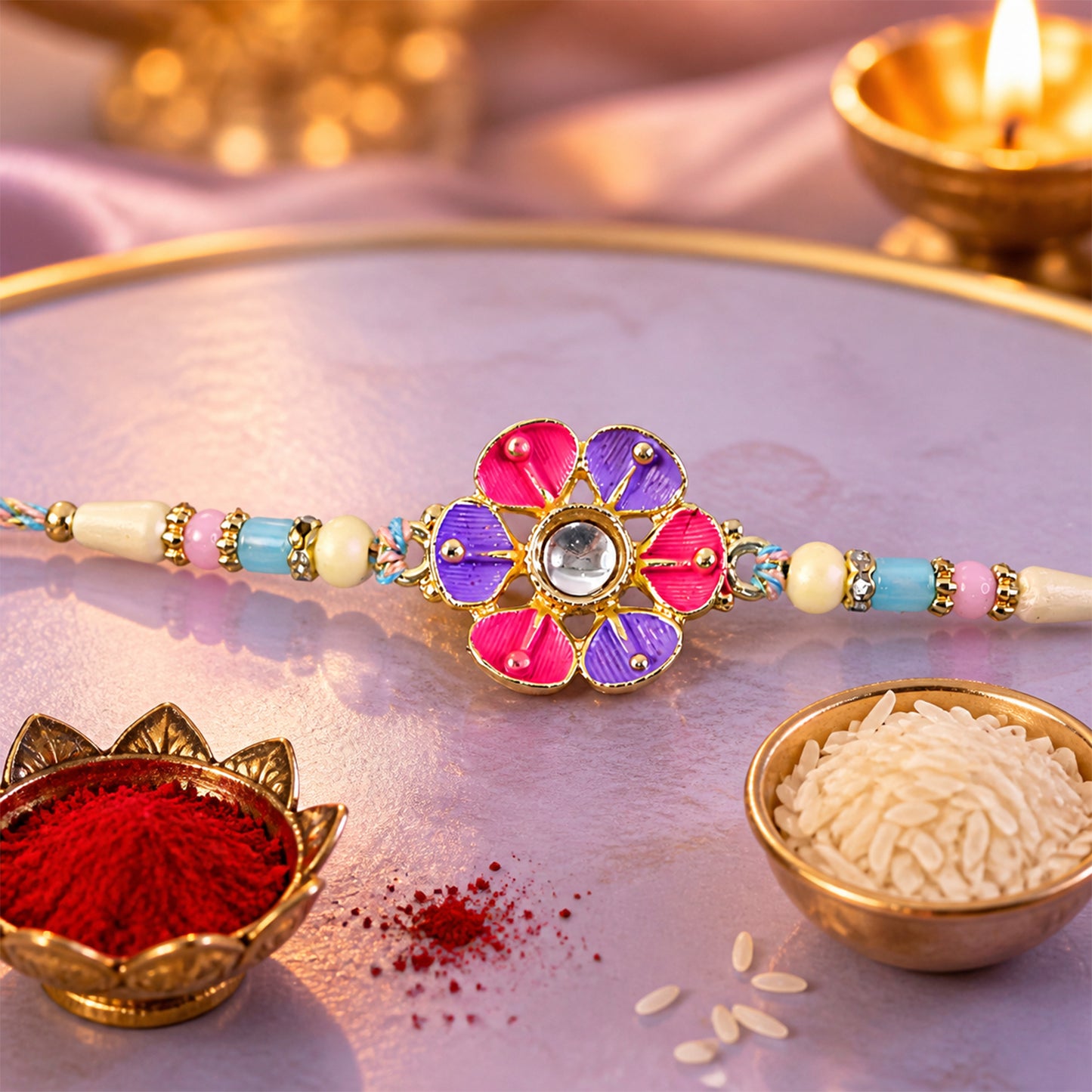 Purple and Pink Flower Kundan Pendant Rakhi with Pastel Beads