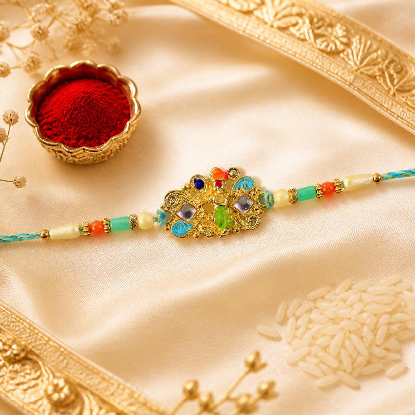 Oxidized Kundan Cluster Pendant Rakhi with Teal and Coral Beads